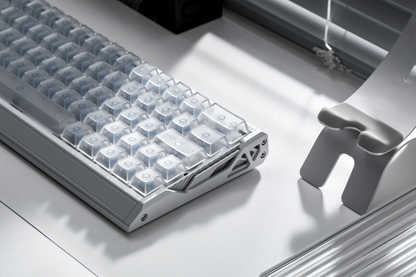 IQUNIX EV63 Silver Blade RS lifestyle detail – side structure and clear keycaps