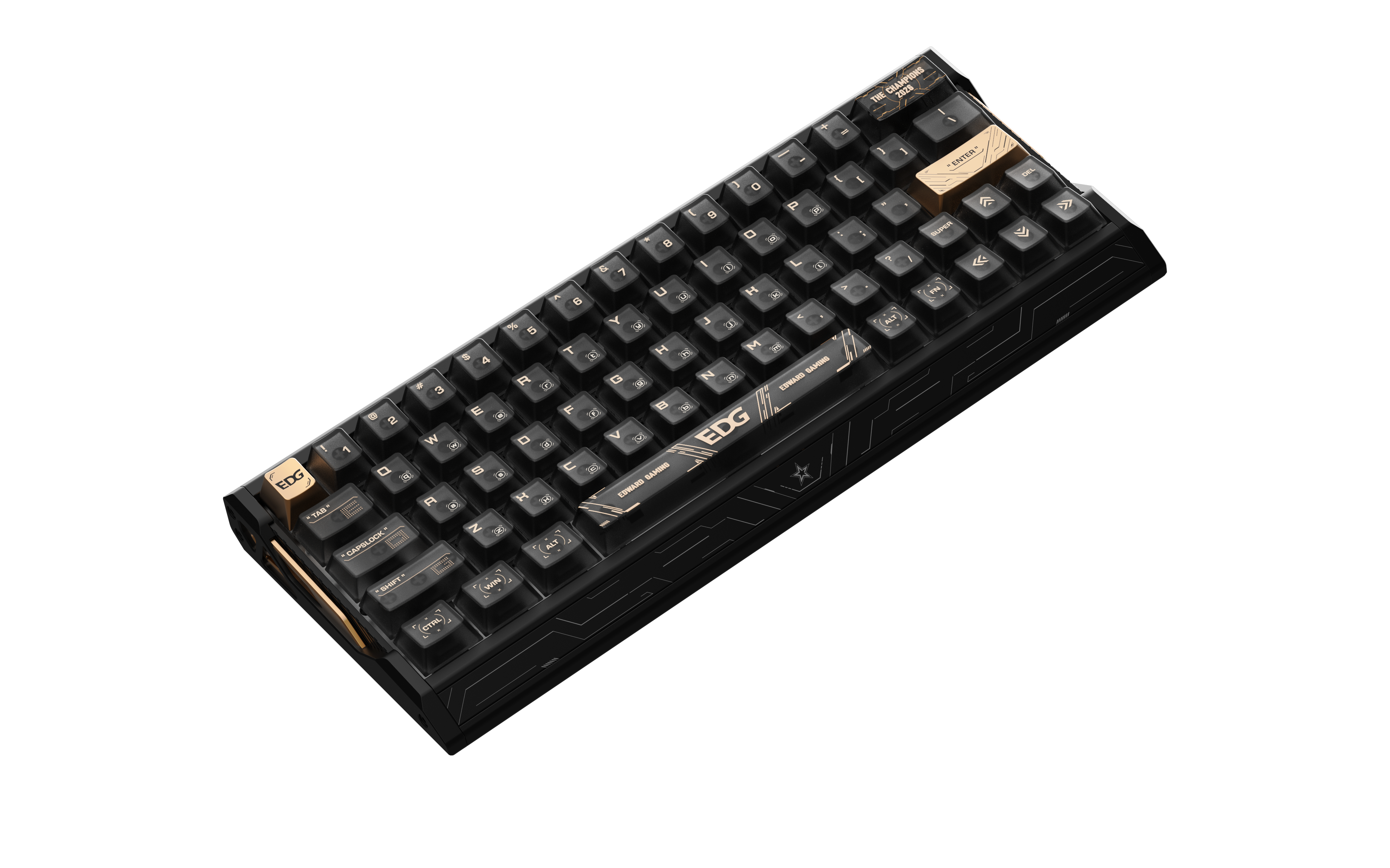 EV63 Hall effect keyboard, close-up of the gold Enter key and keycaps