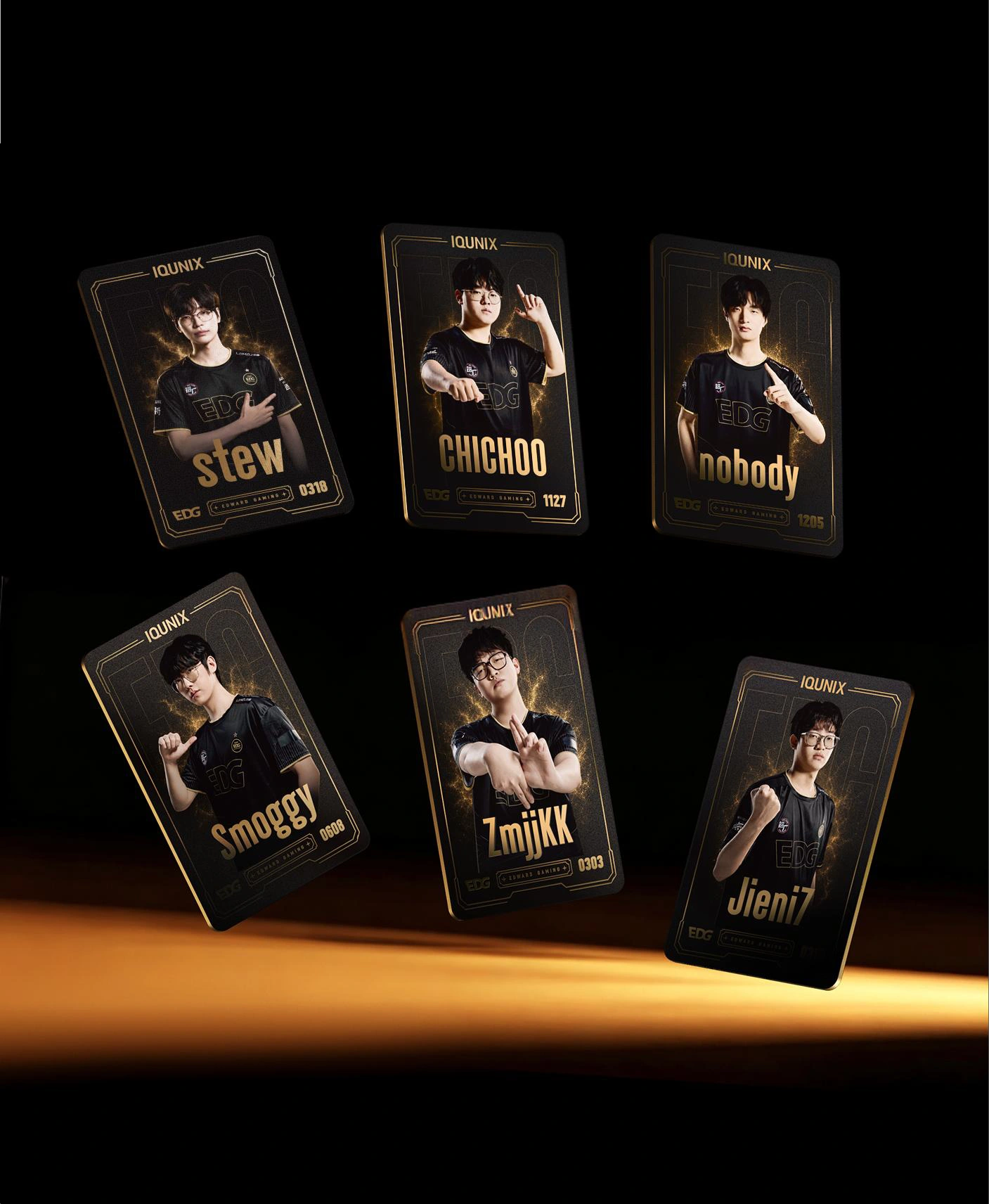 Six individually numbered EDG holographic player cards