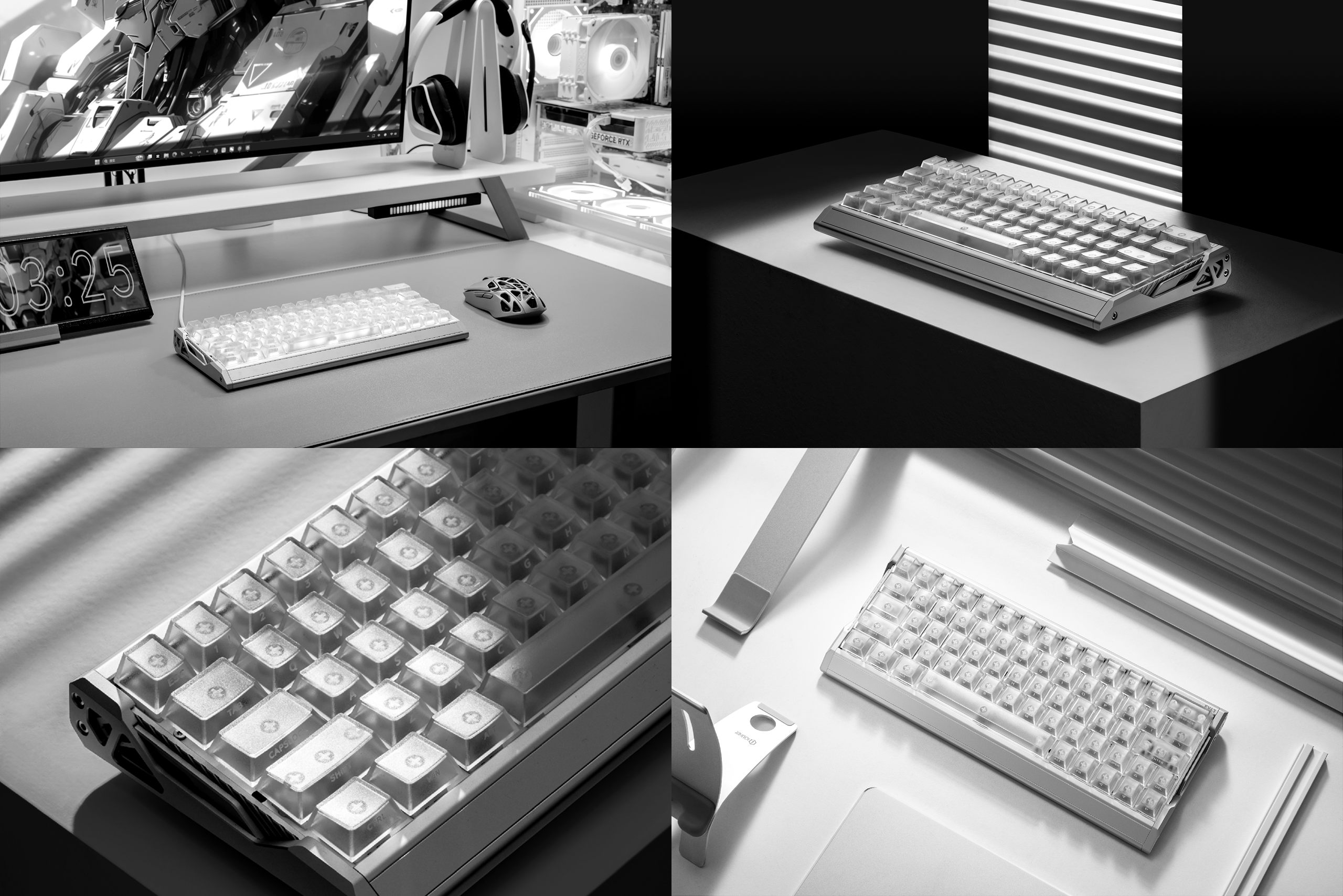 EV63 Silver Knight in four scenes: desktop gaming setup, studio product view, transparent keycap close-up, and overhead workspace view.