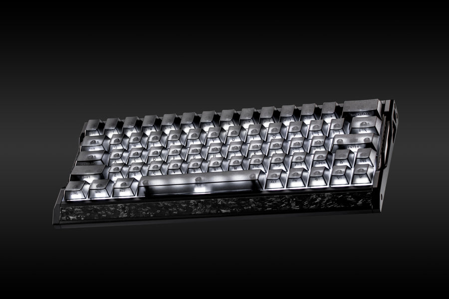 IQUNIX EV63 with frosted translucent keycaps in an angled studio view
