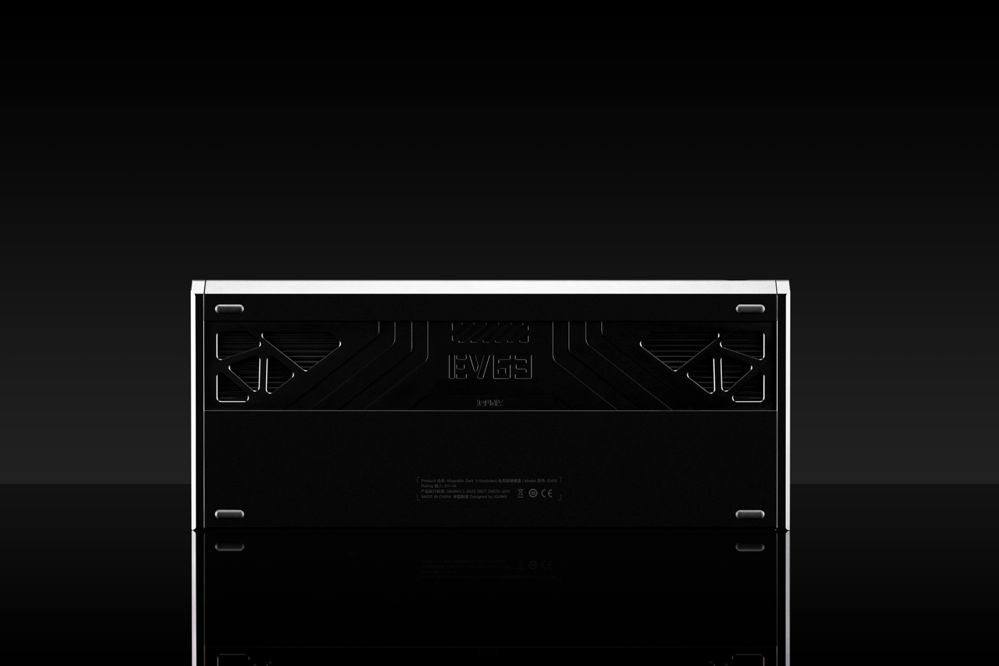 IQUNIX EV63 keyboard bottom view with metal backplate and feet